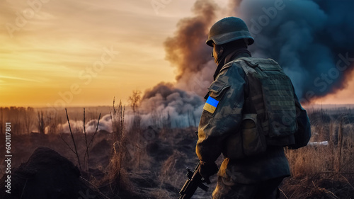 Ukrainian soldier at battlefield. Exhausted and serious man in military uniform, close-up shot. Stop war and russian aggression in Ukraine. Generative AI photo