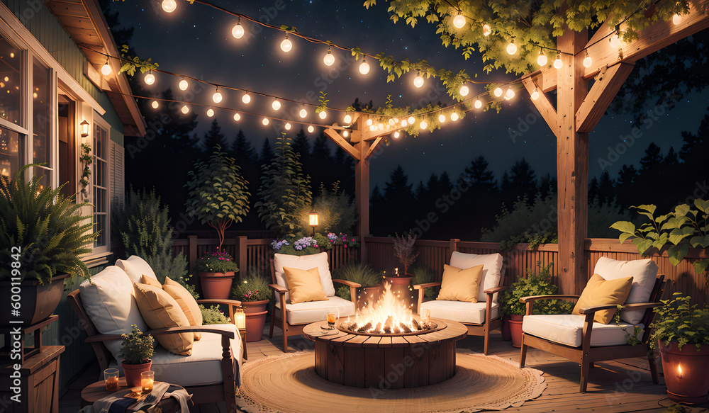 Illustration of a fire pit placed on a wooden deck with people gathered ...