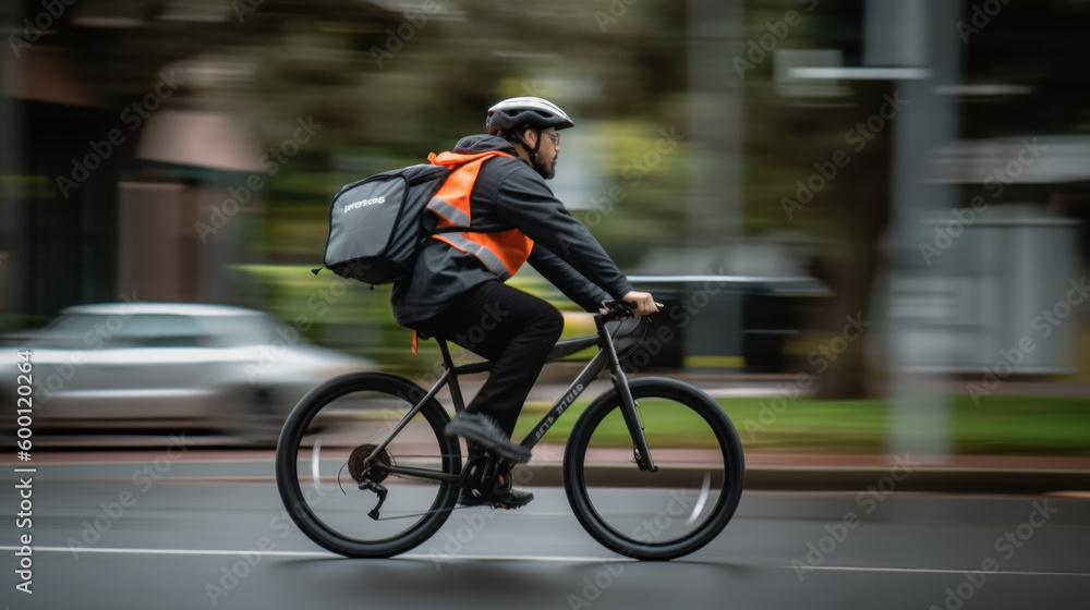 Fototapeta premium High-speed cyclist riding in town, motion blur created with generative AI technology