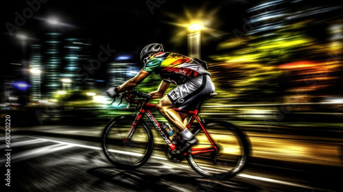 High-speed cyclist riding in town at night, motion blur created with generative AI technology
