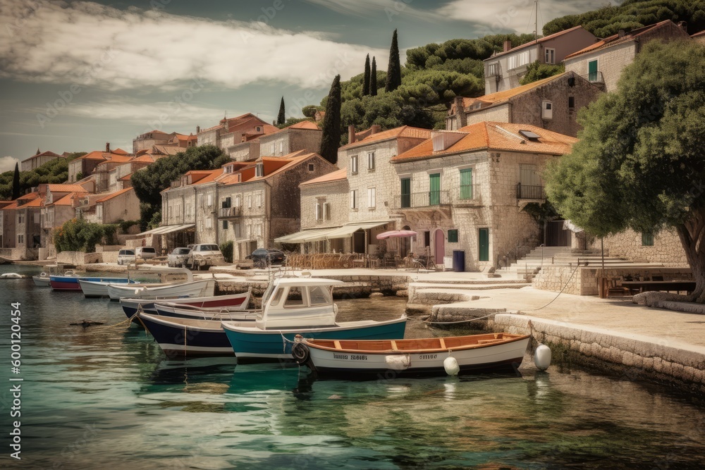 A charming shot of a small fishing village on the Croatian coast, with colorful buildings and boats in the harbor. The quaint coastal villages of Croatia.