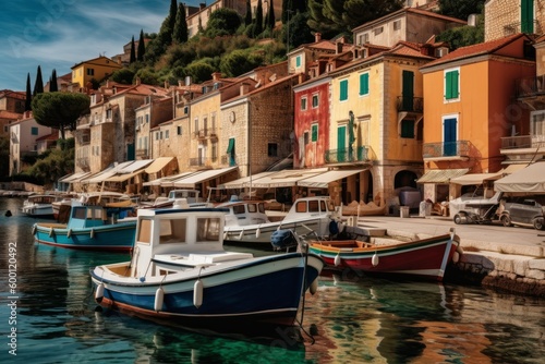 A charming shot of a small fishing village on the Croatian coast, with colorful buildings and boats in the harbor. The quaint coastal villages of Croatia." Generative AI.