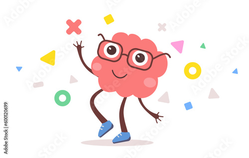 Vector illustration of happy brain character with glasses on white color background. Flat style design of business pink brain character