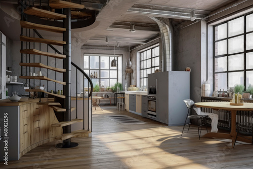 Generative AI illustration of kitchen open loft living space with large spiral stairs and vintage reclaimed natural wood furniture