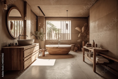 Stylish Boho-Scandinavian Bathroom with Luxurious Freestanding Tub and Designer Details..