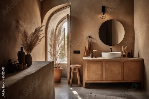 Spacious Boho-Scandinavian Bathroom with Freestanding Tub and Designer Elements..