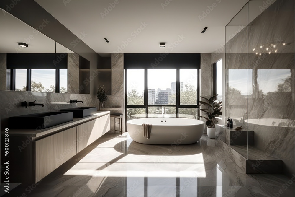 Fototapeta premium Serene Luxurious Bathroom Experience with Freestanding Tub, Designer Details, and Natural Light
