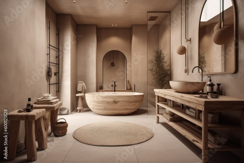 Spacious Boho-Scandinavian Bathroom with Freestanding Tub and Designer Elements..