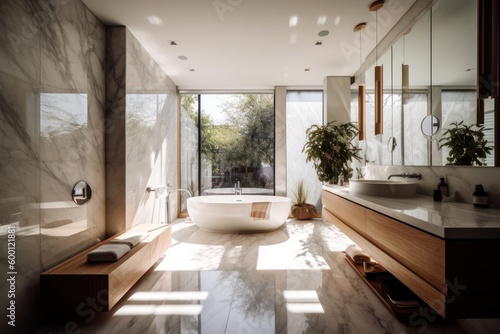 Serene Luxurious Bathroom Experience with Freestanding Tub  Designer Details  and Natural Light.....