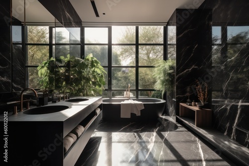 Luxurious Designer Bathroom Bathed in Natural Light with Freestanding Bathtub..