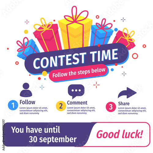 Vector quiz template with illustration of bright gift box on white color background with word contest time. Social media design
