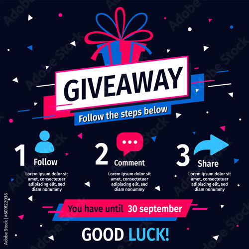 Vector quiz template with illustration of gift box on dark color background with word giveaway. Social media design