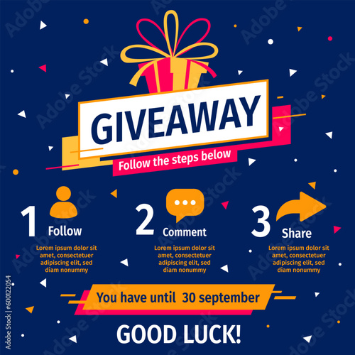 Vector quiz template with illustration of yellow and red gift box on dark blue color background with word giveaway. Social media design