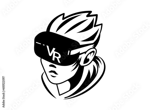 Vector black and white illustration of man head with virtual reality helmet on white background. Line art flat style logo design of vr user avatar