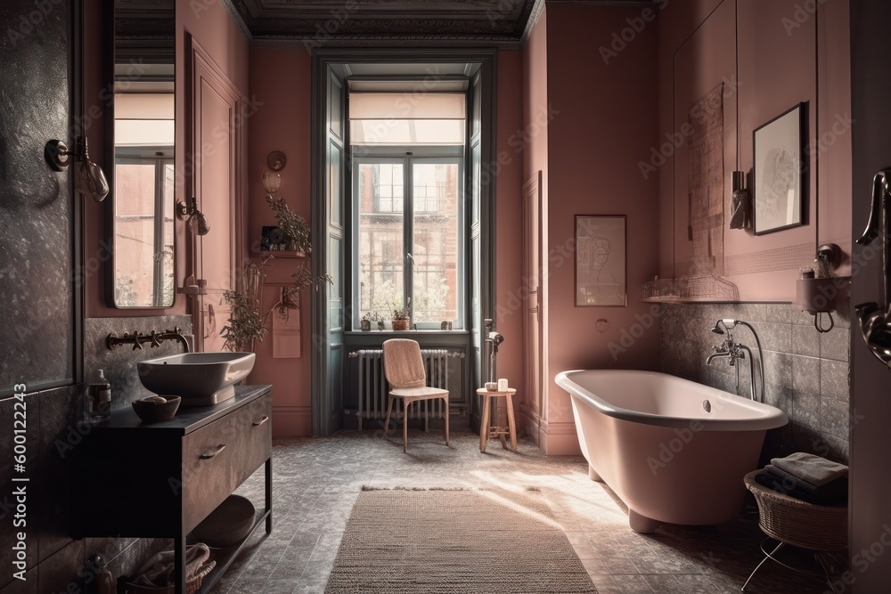 A retro luxurious bathroom with grand windows, apartment east side with wooden details and sophisticated style. High-end designer bathroom A retro luxurious bathroom with grand windows, apartment east side with wooden details and sophisticated style. High-end designer bathroom