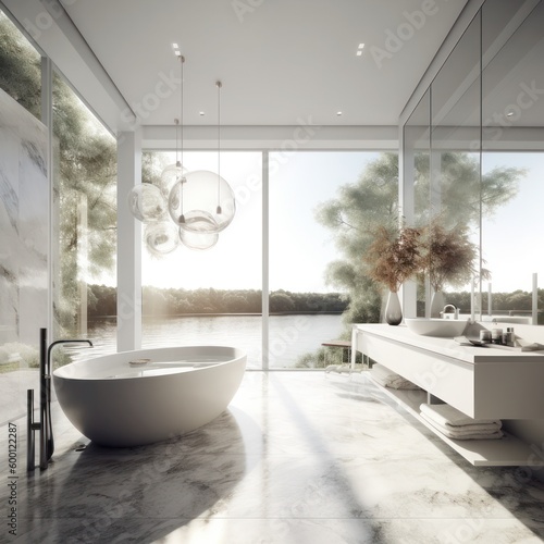 Luxurious modern bathroom with shower and large window  sink with mirror and decor