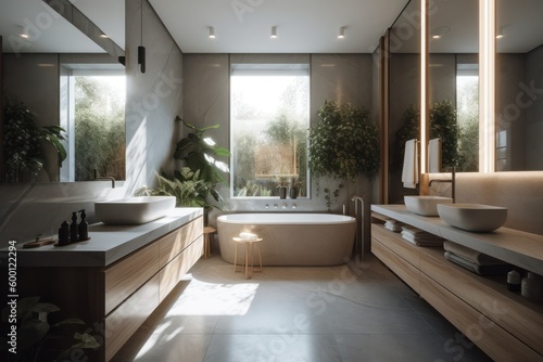 Luxurious 3d render of modern bathroom with freestanding bathtub and wooden sink stands.