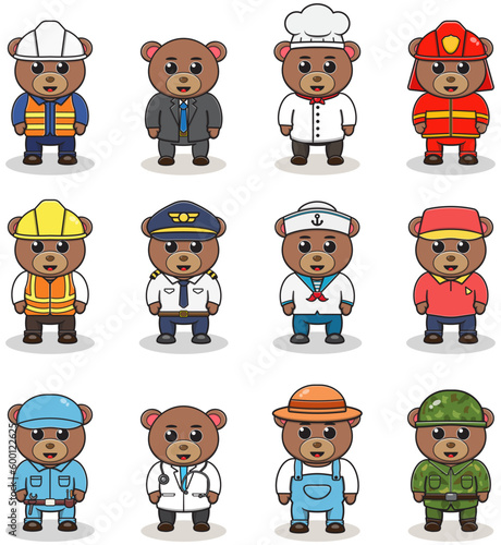 Vector set of cute Bear with different professions. Cartoon cute Bear dressed in different occupation uniform. Vector characters with jobs different occupation.