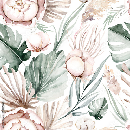 Seamless watercolor floral pattern pink blush flowers elements, green leaves branches on white backgroundfor wrappers, wallpapers, greeting cards, wedding invites