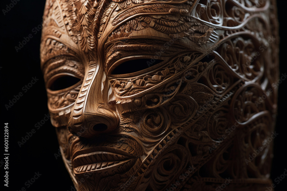 photography of an intricately carved wooden mask. generative AI