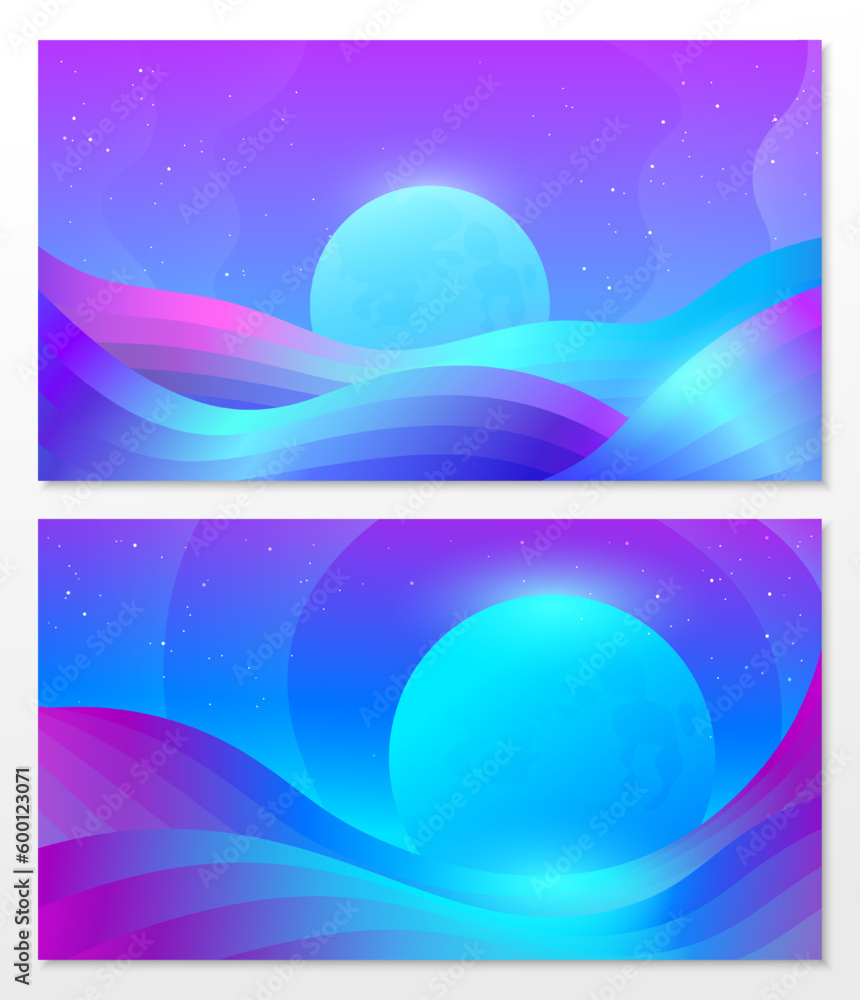 Abstract vector illustrations of moon with curving gradient waves