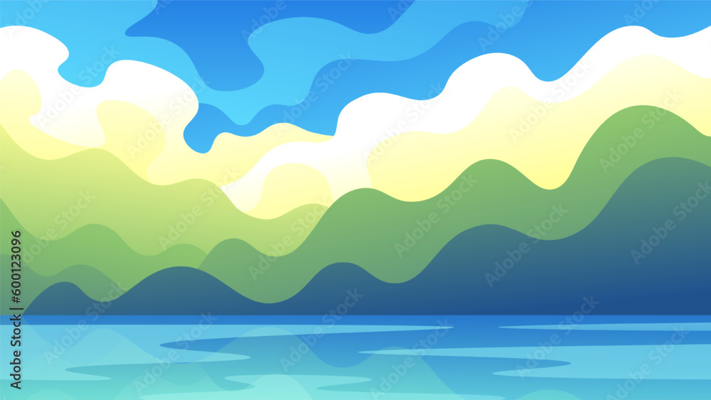 Water surface on wavy green abstract mountains background. Summer flat illustration coast landscape.
