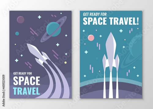 Vector retro vintage space posters. Illustration of a flying rocket on a background of space with planets.