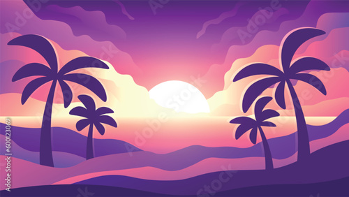 Tropical beach with palm trees on bright sunset background. Mediterranean idyllic evening landscape.