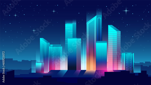 Vector gradient neon metropolis city at night.
