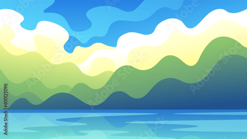 Water surface on wavy green abstract mountains background. Summer flat illustration coast landscape.