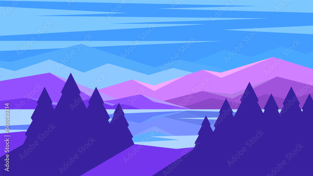 Minimalistic silhouettes of mountain ranges and lake on blue sky background.