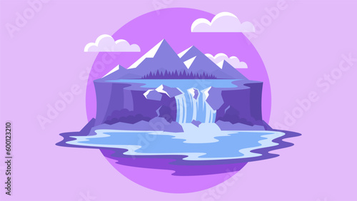 Beautiful natural waterfall on mountains background. Isolated landscape illustration in flat style.