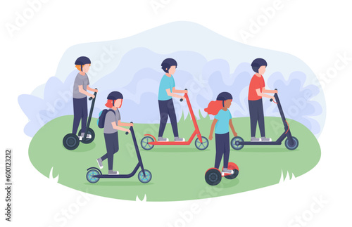 Group of flat children riding scooters and gyroscooter in the park.