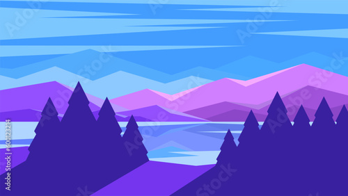 Minimalistic silhouettes of mountain ranges and lake on blue sky background. © Dmytro