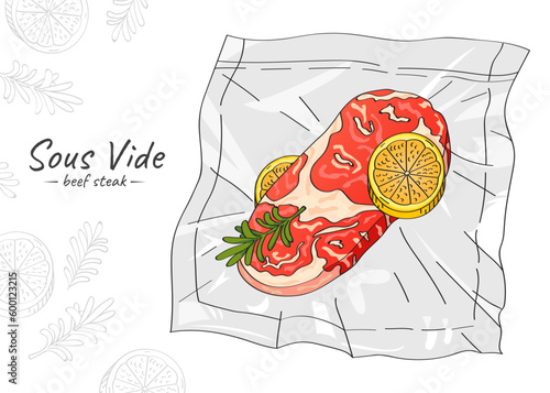 Vector hand drawn sketch illustration of beef steak. Sous-Vide Slow Cooking Technology.