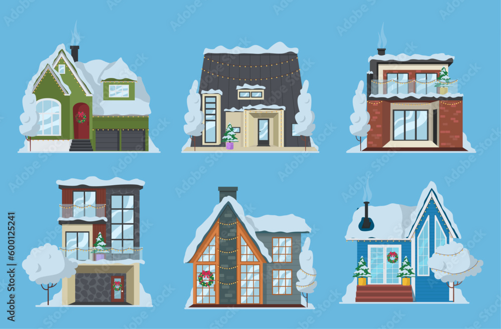 Set of different houses. Winter time. The houses are decorated for Christmas. Vector graphic.