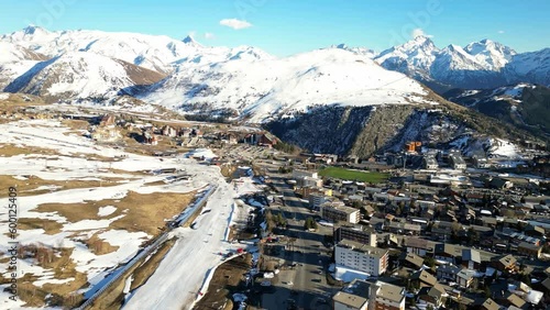 Panoramic drone view of landscape and ski resort in French Alps, Alpe D'Huez, France - Europe photo