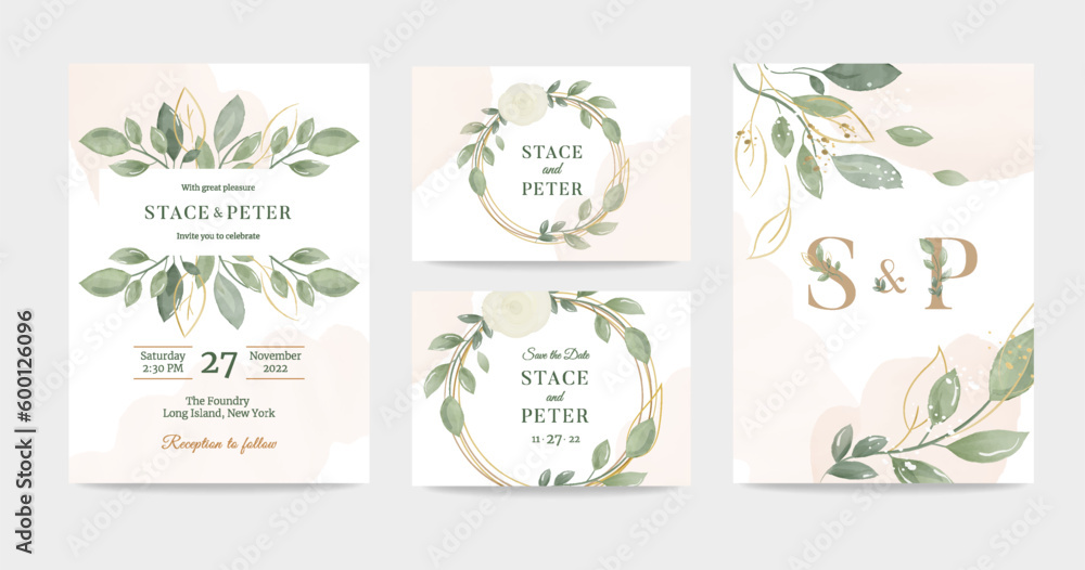 Wedding watercolor greenery decoration invitation card set. Name card from letters, Save the Date. Elegant Rustic style botanical nature graphic. Vector set of trendy romantic templates.