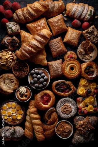 Aerial view of delicious pastries and bakery goods, generative ai