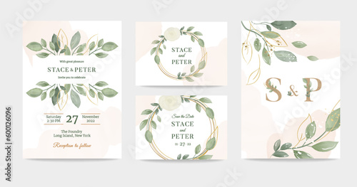 Wedding watercolor greenery decoration invitation card set. Name card from letters, Save the Date. Elegant Rustic style botanical nature graphic. Vector set of trendy romantic templates.