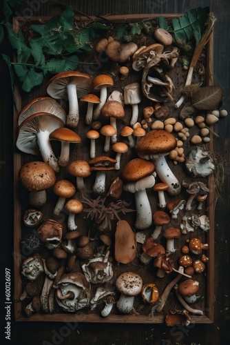 Mushrooms collection overview in a wooden background, generative ai