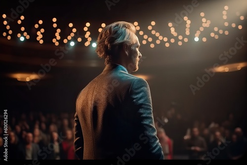 spokesman in business suit giving a conference in a crowded auditorium, generative ai