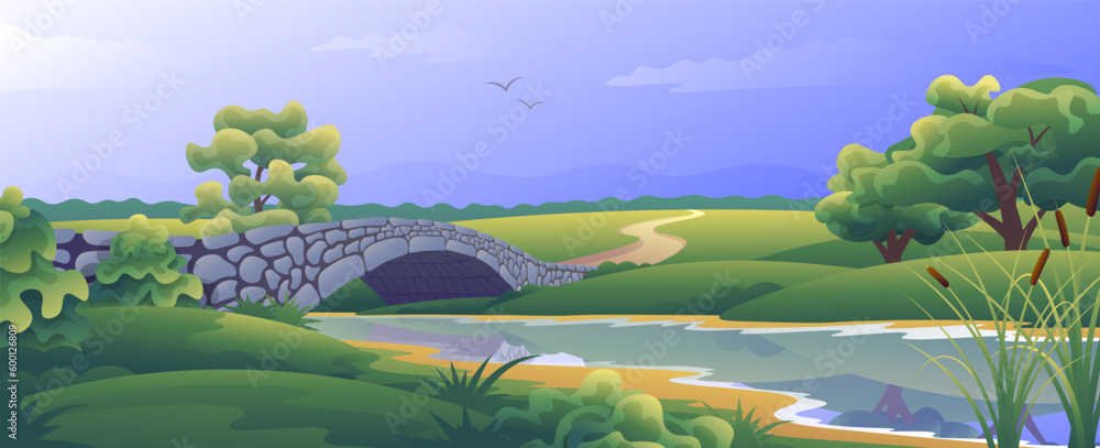 Summer landscape of water crossing in meadow area. Stone bridge over the river.