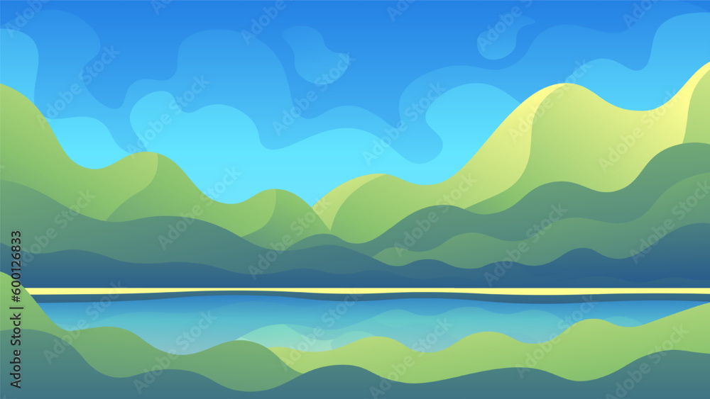Horizontal vector illustration of a summer day landscape. View of the lake shore among green high mountains.