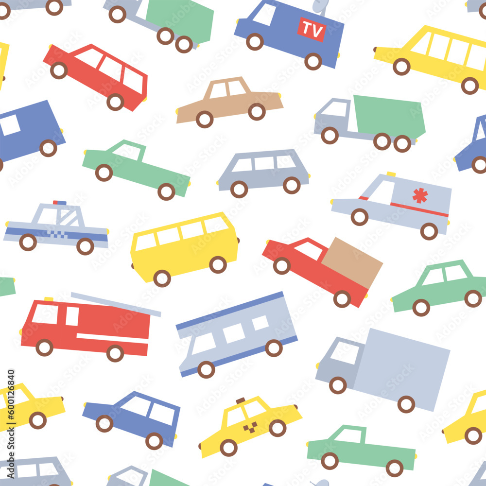 Cute simple cartoon cars seamless pattern on white background.