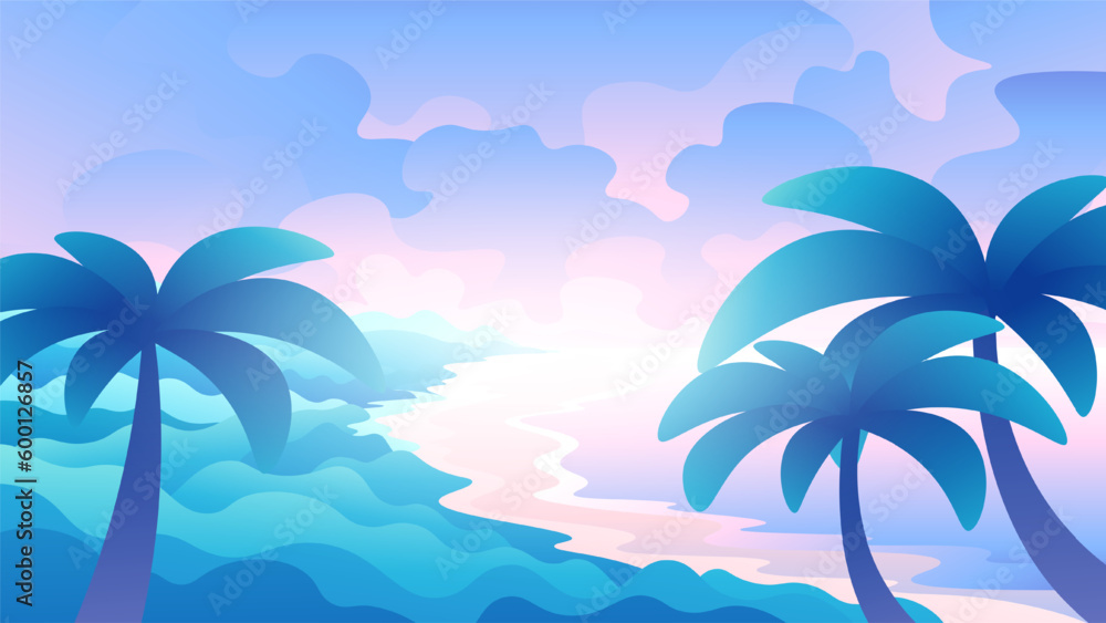 Idyllic tropical beach with palm trees and sea beach on a horizontal illustration.