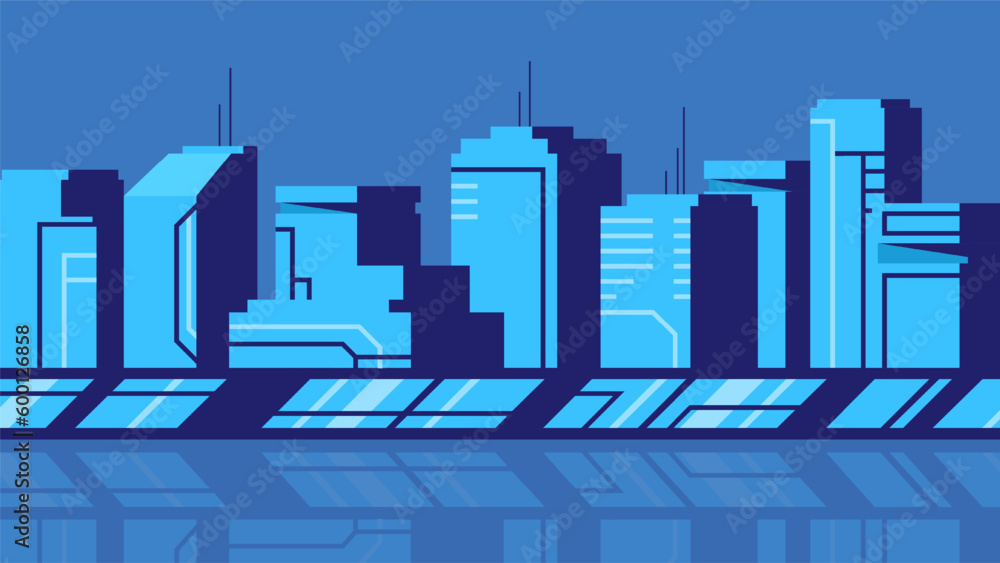 Futuristic office buildings on a modern city background. Horizontal city view illustration.