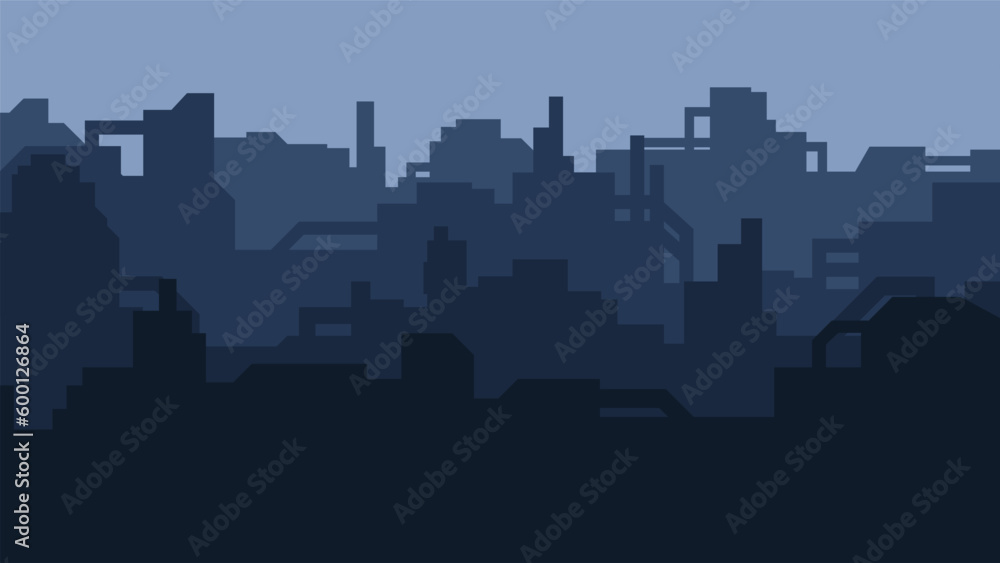 Dark factories landscape. Industrial horizontal illustration of buildings on gray background.