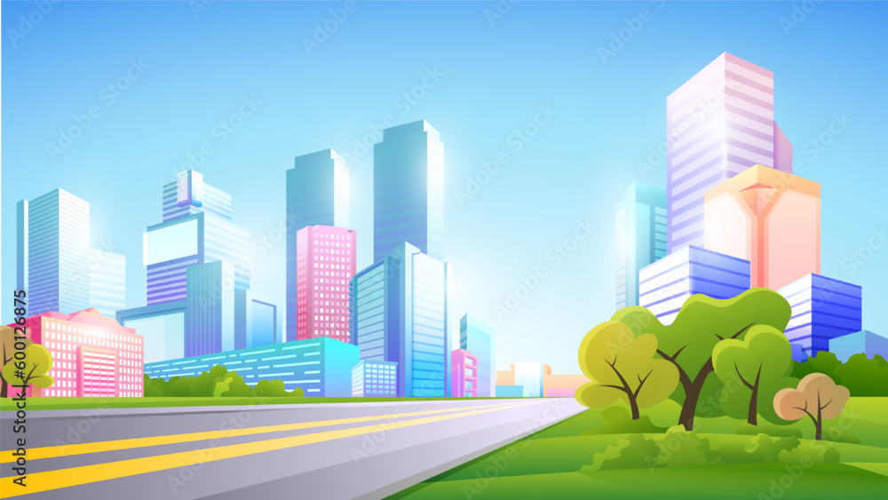 Vector color gradient illustration of daytime beautiful city view. Empty city place with no people or cars.