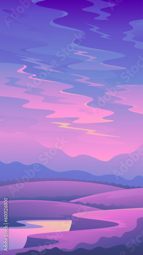 View of the evening landscape of hills and river at sunset background with beautiful sunset sky and clouds.
